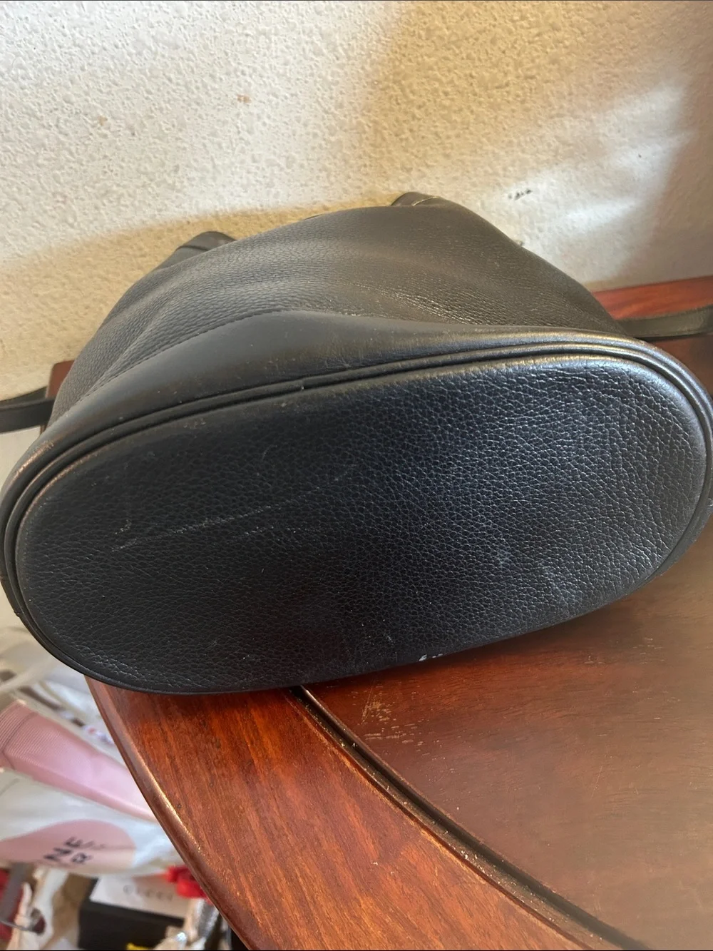 Burberrys Black Pebble Leather Drawstring Bucket Bag